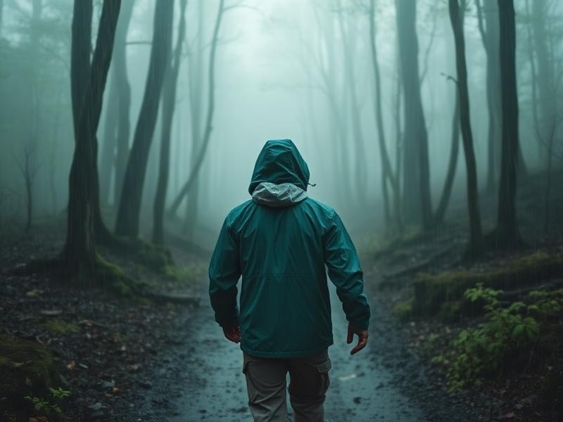 Hiker wearing rain jacket on misty Chimney Tops Trail